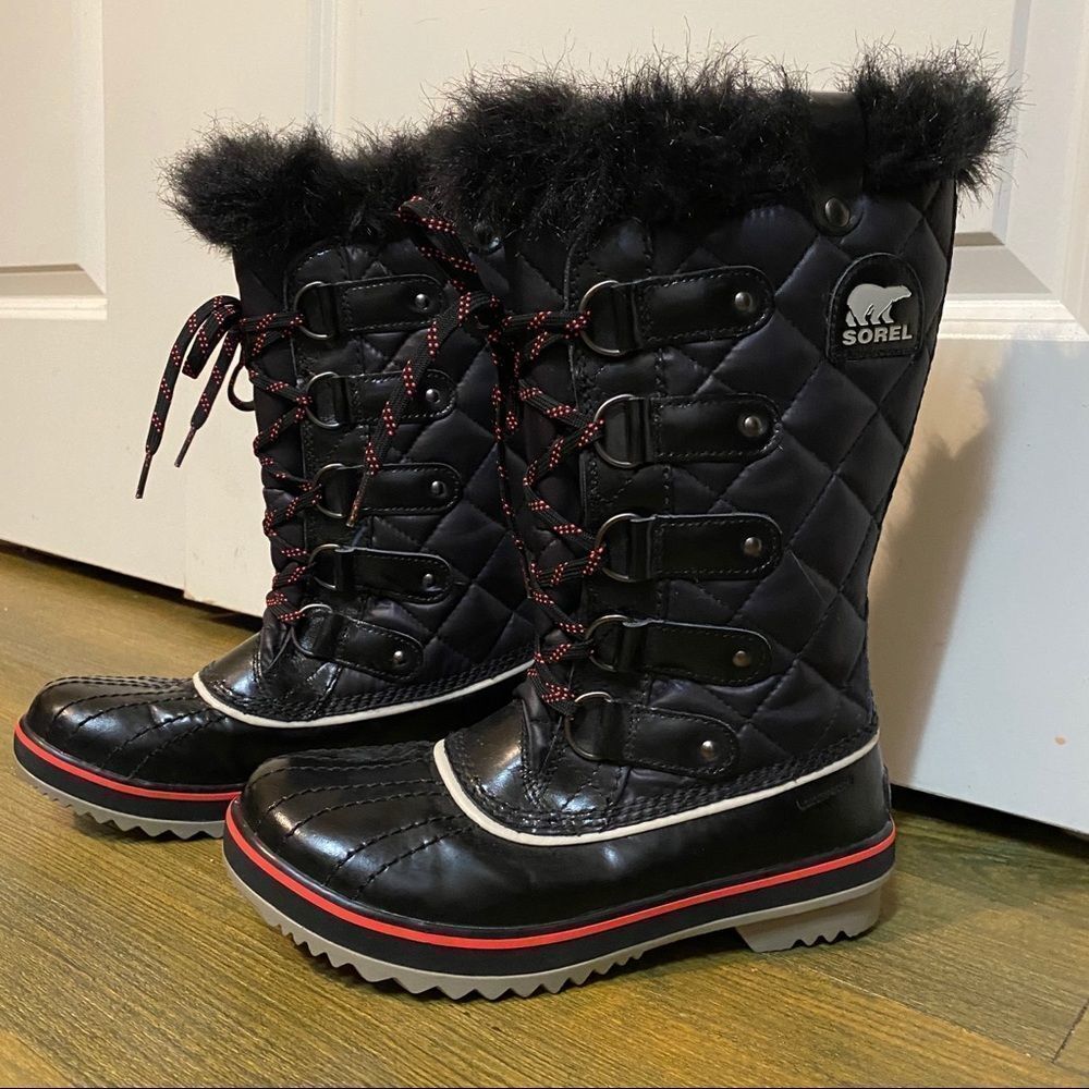 Sorel Tolfino Black Quilted Pink Faux Fur Waterproof Snow Winter Tall Boot 6